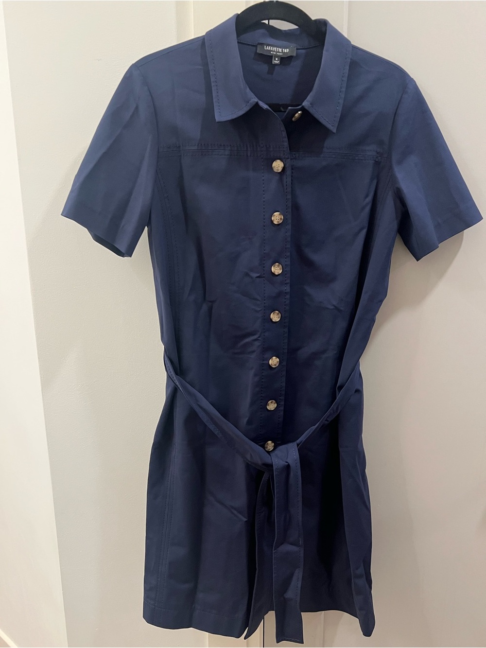 Lafayette 148 New York Navy Short-Sleeve Shirt Dress with Tie